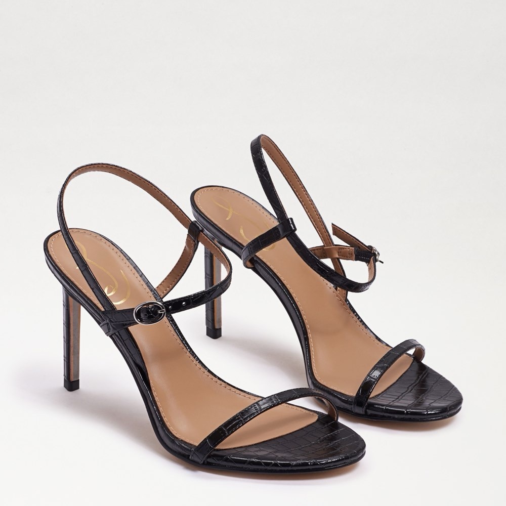 NWOB Sam Edelman Doran Black Croc-Embossed Leather Strappy Heeled Sandals Sz 9.5